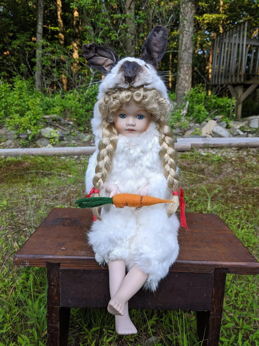 Feral Baby Doll Lillian , Real Bunny Rogue Taxidermy Mixed Media Vintage Porcelain Doll - Uniquely Morbid