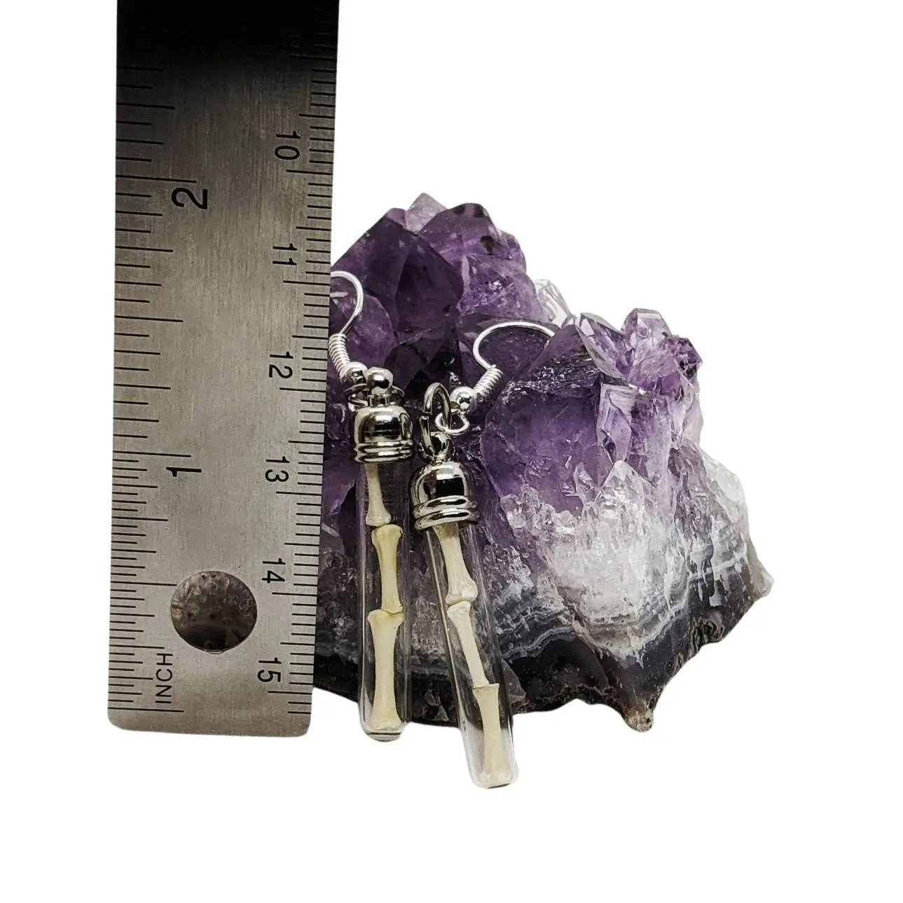 Real Animal Bone Earrings, Glass Vial, Apothecary, Silver Tone Earrings, Gothic Ear Jewelry, Wire Earrings - Uniquely Morbid