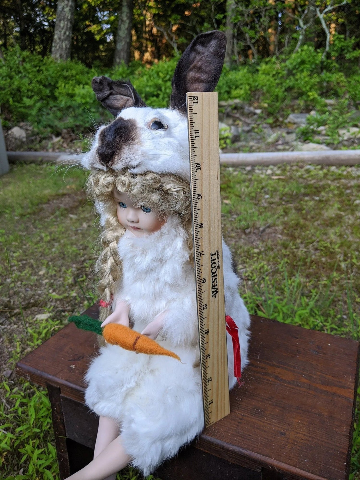 Feral Baby Doll Lillian , Real Bunny Rogue Taxidermy Mixed Media Vintage Porcelain Doll - Uniquely Morbid